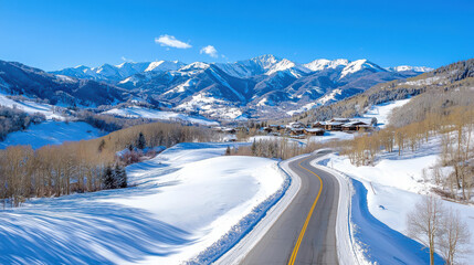 Wall Mural - scenic drive through snowy valley with majestic mountains in background, showcasing beauty of winter landscapes and clear blue skies