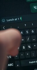 Aufkleber - Phone screen, planning and hands of person for online dating for lunch, chatting and texting. Typing message, social networking and girl on smartphone for mobile app, contact and communication