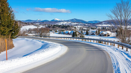 Wall Mural - scenic winter landscape featuring winding road surrounded by snow covered hills and trees, creating peaceful and serene atmosphere