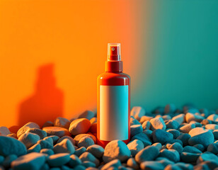 Wall Mural - Red Spray Bottle on Gray Stones with Orange Backdrop