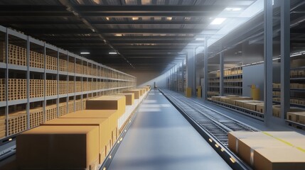 Wall Mural - Automated Warehouse Conveyor System with Rows of Shelves