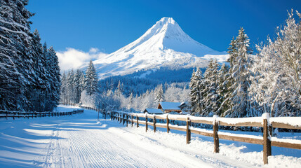 Wall Mural - snow covered mountain peak towers over serene winter landscape, featuring winding path lined with wooden fences and surrounded by tall evergreen trees. bright blue sky enhances tranquil atmosphere