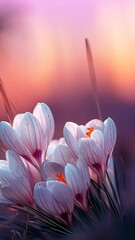 Wall Mural - Delicate white crocus flowers bloom against a soft sunset backdrop in a serene landscape
