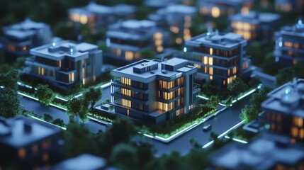 Poster - This urban landscape features a cluster of contemporary residential buildings illuminated at night.