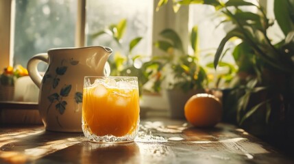 Aufkleber - A glass of freshly made juice sits on a wooden table beside a pitcher.