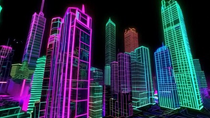Poster - Vibrant neon cityscape in abstract style showcasing futuristic architecture and vivid colors