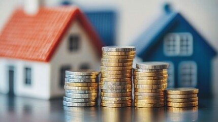 Poster - Stacks of coins represent financial investment in real estate, emphasizing the connection between property ownership and wealth.