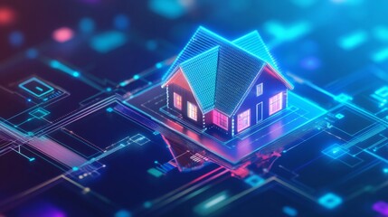 Aufkleber - A digital representation of a house sits against a colorful, futuristic background of circuits and patterns.