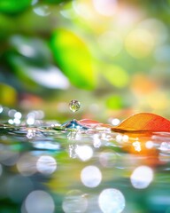 Poster - Droplet Falls Gracefully From Leaf, Creating Mesmerizing Ripples in Tranquil Water