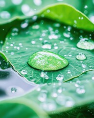 Poster - Droplet Cascades From Vibrant Leaf, Creating Ripples in Serene Water Pool