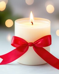 Poster - Glowing Candle With Ribbon Radiates Warmth and Hope in a Tranquil Setting