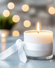 Poster - Soft Glow of Hope Radiates From a Beautifully Ribboned Candle Flickering in a Serene Setting