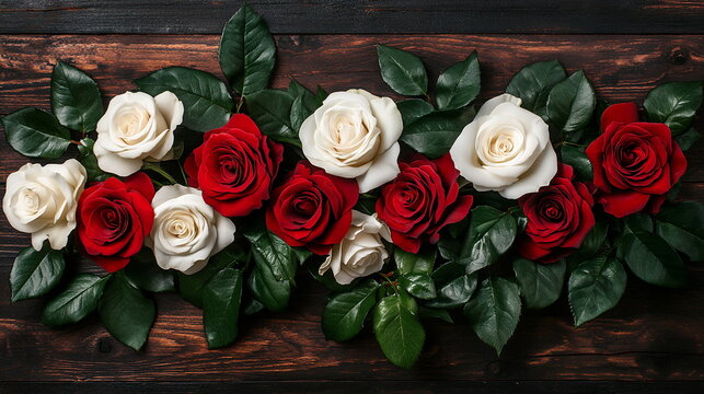 Elegant red and white roses intertwined with green leaves, arranged on a dark wooden background for a natural, rustic look Valentine's day horizontal web banner, sale flyer, advert, greeting card