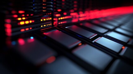 Poster - Close-up of illuminated server rack with glowing lights.