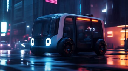 Poster - An advanced electric transport vehicle moves through a bustling city filled with neon lights at night. Its sleek design contrasts with the reflective wet pavement, showcasing modern urban mobility.