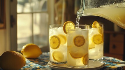 Poster - In a bright kitchen, a pitcher of lemonade is being poured into three glasses filled with ice and lemon slices. Fresh lemons sit nearby, enhancing the cheerful atmosphere of the moment.