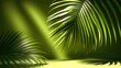 © Li - A 3D render featuring a simple abstract green background, illuminated by bright sunlight, with the soft shadow of a palm leaf casting across the surface. This modern, minimalistic showcase scene