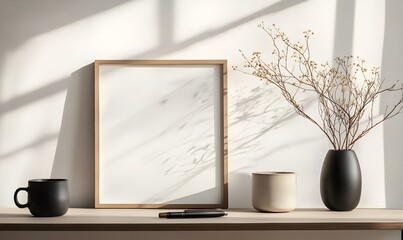 A minimalist beige and black desk with an art frame coffee mug pen and flowers