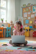 © chris3d - A cheerful girl sits cross-legged on a vibrant rug, focused on her laptop while wearing pink headphones in a lively playroom - Generative AI