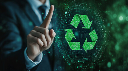 Businessman pointing at green recycle symbol or sign with his finger on digital display screen. ecology and environment conservation and sustainability concept. corporate company management.