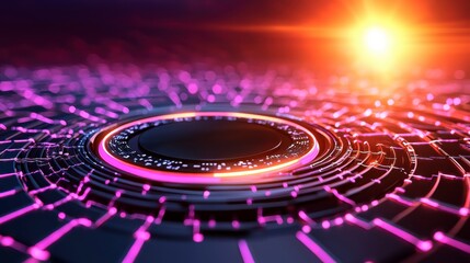 Poster - Abstract Futuristic Digital Background with Circular Patterns and Vibrant Neon Light Effects for High-Tech and Sci-Fi Themes