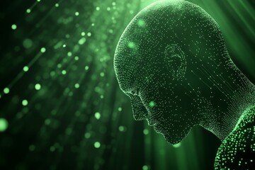Poster - Abstract representation of a human figure created with glowing green dots and particles, illustrating concepts of technology, artificial intelligence, and evolution in a futuristic setting.