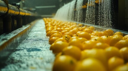 Aufkleber - Oranges are being washed and prepared for juicing in a busy processing facility. The bright fruits float in water as they move through automated equipment, ready for extraction.