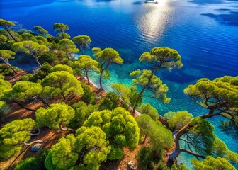 Wall Mural - Aerial View of Tree Branches Framed Against the Sky Along the Lycian Way in Turkey, Showcasing the Natural Beauty of the Mediterranean Landscape