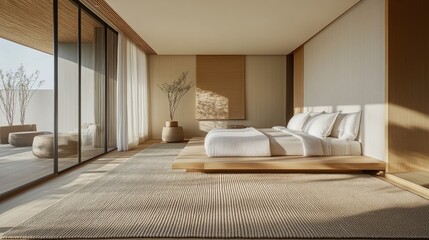 Wall Mural - Modern minimalist bedroom interior in serene natural light