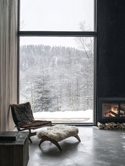 Sticker - Cozy Cabin Winter Scene With Fireplace And View