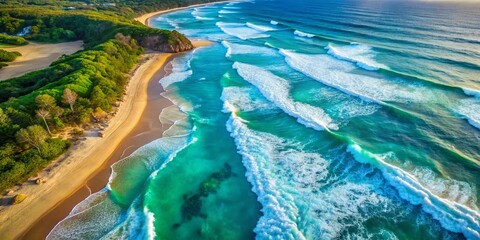 Sticker - Aerial View of Turquoise Sea Waves Crashing on Sandy Coastline, Capturing the Beautiful Interaction of Ocean Water and Shoreline in a Serene Coastal Landscape