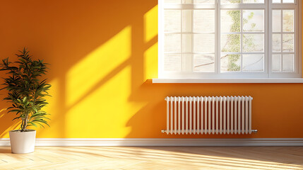 Poster - 3D rendering of a sunlit room featuring a radiator mounted on an orange wall