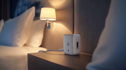 Poster - A charging adapter for smartphones placed on a bedside table in a hotel room