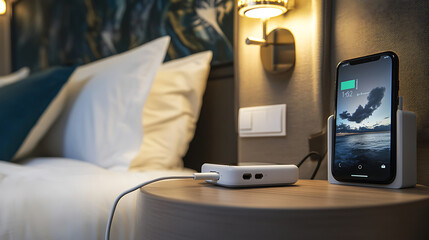 Poster - A charging adapter for smartphones placed on a bedside table in a hotel room