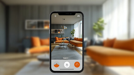Poster - A smartphone app screen displays a smart home technology interface, featuring an augmented reality (AR) view of internet of things (IoT) connected objects within the apartment interior
