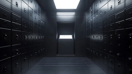 Leinwandbilder - Bank deposit lockers with closed steel doors and a black open safe box with white light inside have an angle view, Interior room in vault for money storage, secure banking service concept