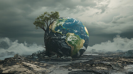 Poster - Artistic representation of earth impacted by climate change With visual elements indicating environmental distress