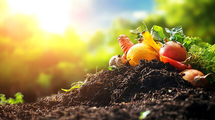 Leinwandbilder - Compost and composted soil in the form of a compost heap from rotting kitchen scraps with fruit and vegetable scraps processed into organic soil for fertilizer as a composite