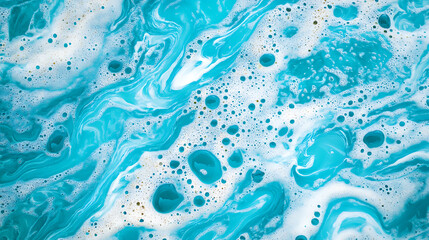 Poster - From above aerial view of turquoise ocean water with splashes and foam for abstract natural background and texture