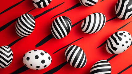 Aufkleber - HAPPY EASTER black and white easter eggs are arranged on red background with stripes