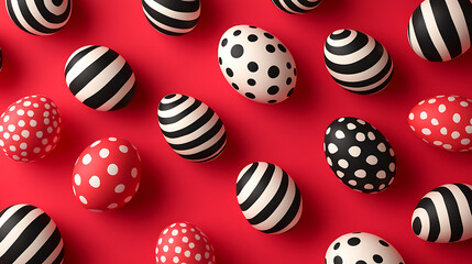 Aufkleber - HAPPY EASTER black and white easter eggs are arranged on red background with stripes