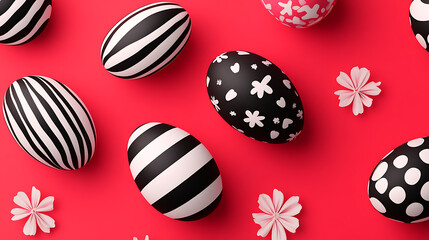 Aufkleber - HAPPY EASTER black and white easter eggs are arranged on red background with stripes