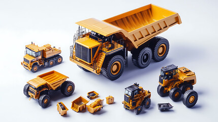 Poster - 3D rendering of a mining dump truck and other heavy construction equipment on a white background