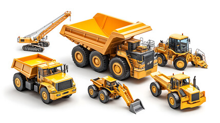 Poster - 3D rendering of a mining dump truck and other heavy construction equipment on a white background