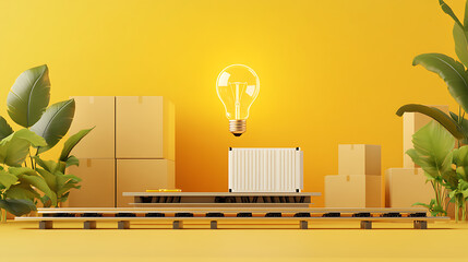 Aufkleber - 3D rendering of a loading bar nearing completion, with an idea being processed within a light bulb against a yellow background