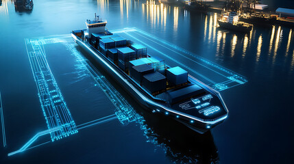 Poster - A futuristic autonomous semi cargo container ship with scanning sensors, showcasing digital cyber technology in global logistics managed by forwarders