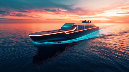 Aufkleber - A futuristic autonomous semi cargo container ship with scanning sensors, showcasing digital cyber technology in global logistics managed by forwarders