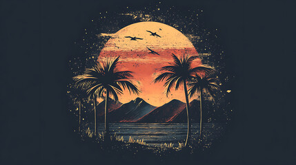 Poster - SUMMER card graphic palm trees and sunset