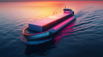 Poster - a futuristic autonomous semi cargo container ship with scanning sensors, showcasing digital cyber te