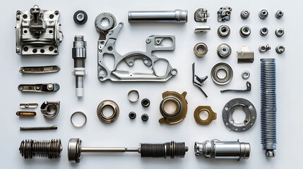 Poster - Sapre parts, White background with an auto motor mechanic spare or automotive component, new metal car part set, auto engine repair